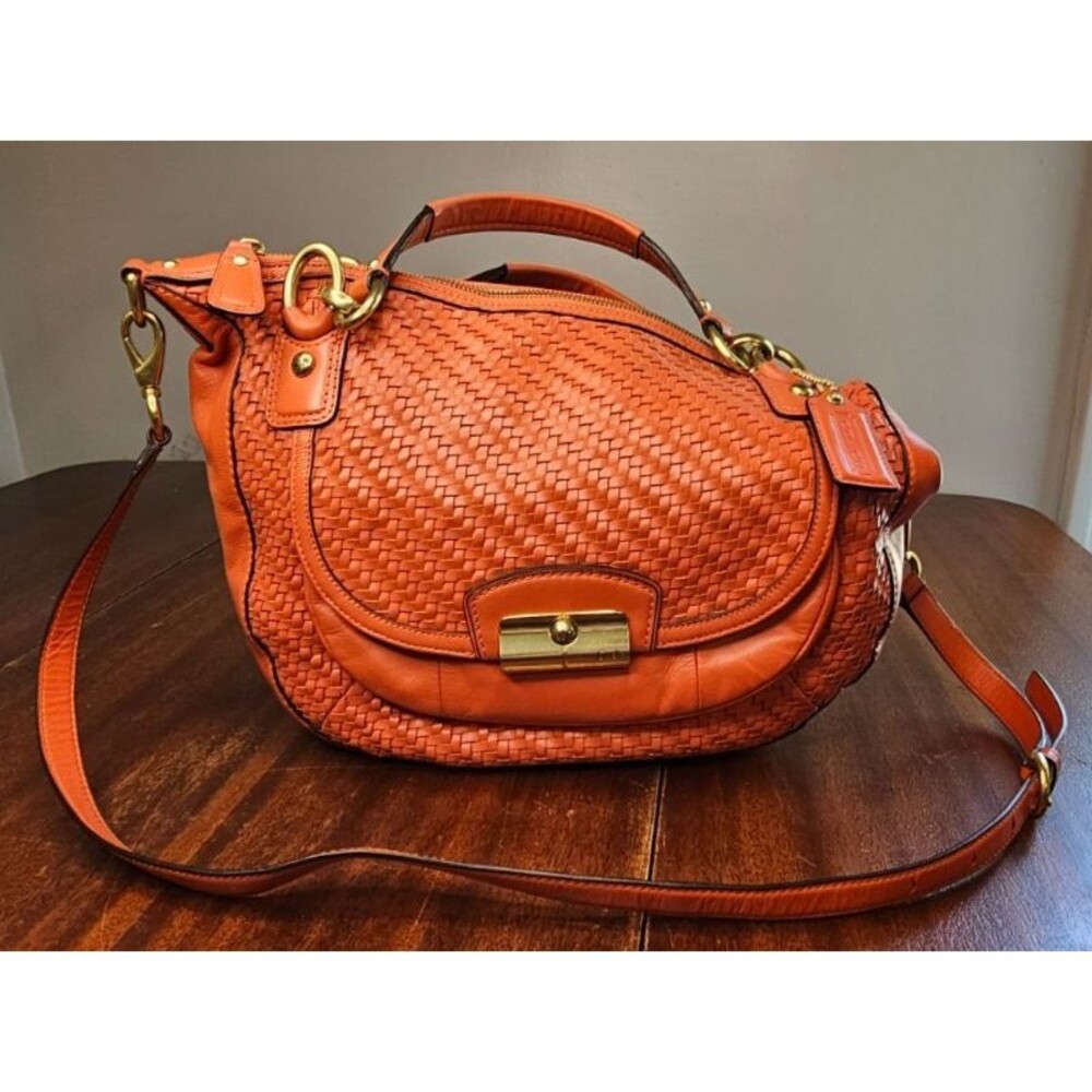 Coach F23048 Kristin Woven Orange Coral Leather Large Hobo Shoulder Bag Purse